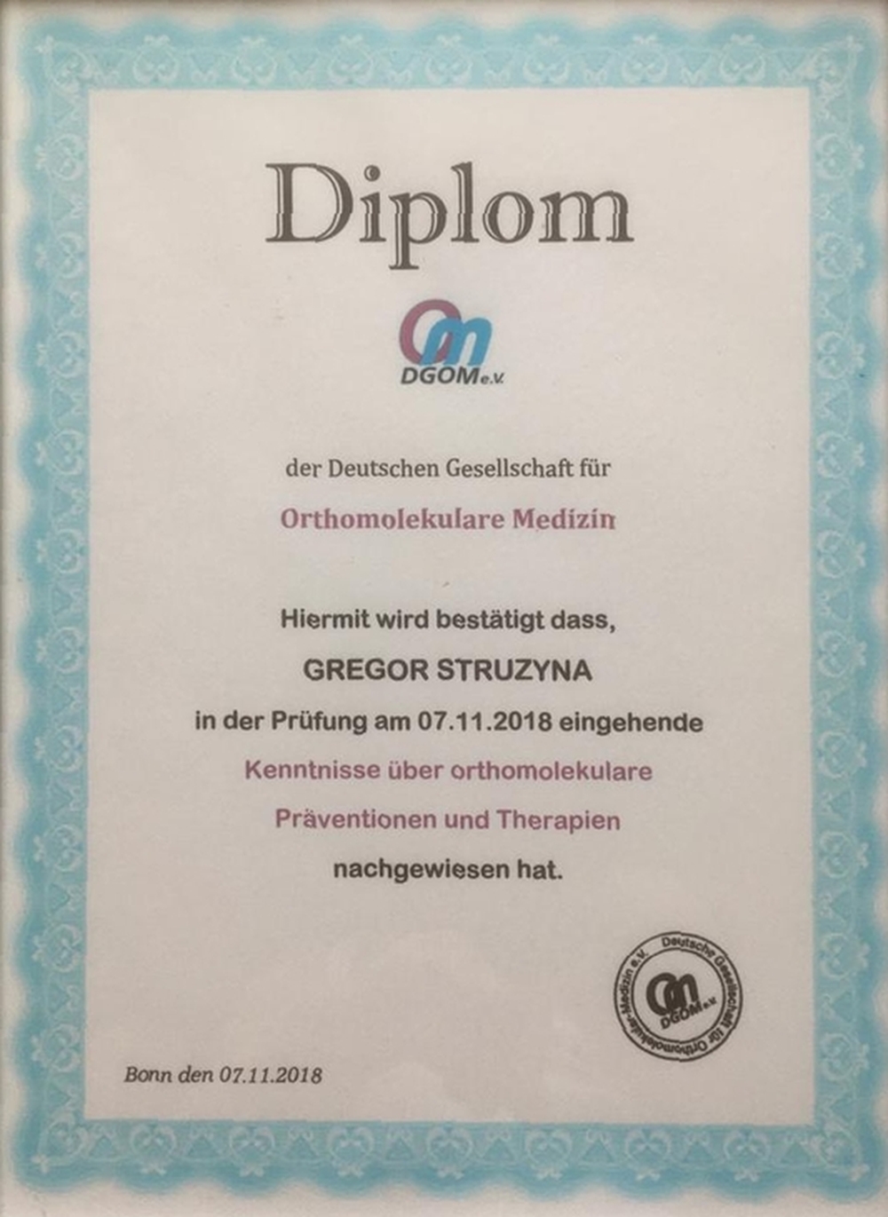 Zertifikat Orthomolekular